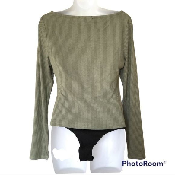 7 ForAll Mankind Light Olive Cutout Front Ribbed Knit Long Sleeves Top Sz M NEW - Picture 3 of 10